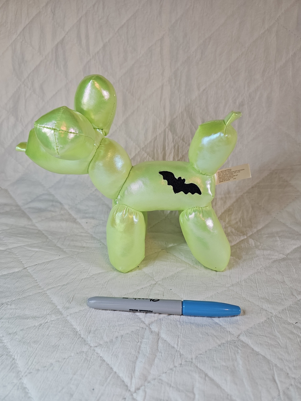 Neon Green Shimmer Balloon Dog with Bat Tattoo